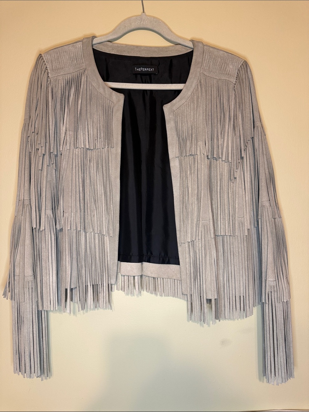 ThePerfext for Intermix Elephant Gray Tiered Fringe Suede Jacket Size XS Boho